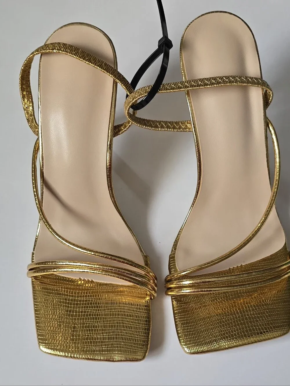 Gold Metallic Strappy Square-Toe Heeled Sandals